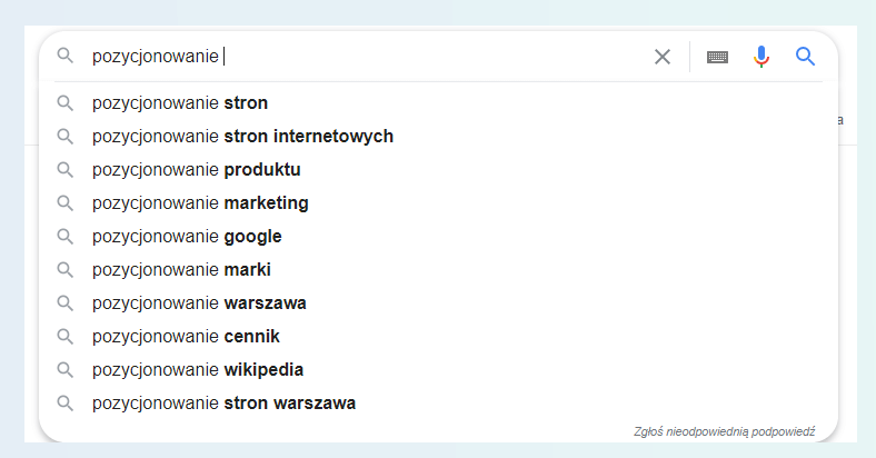 Wyszukiwarka Google z frazami kluczowymi