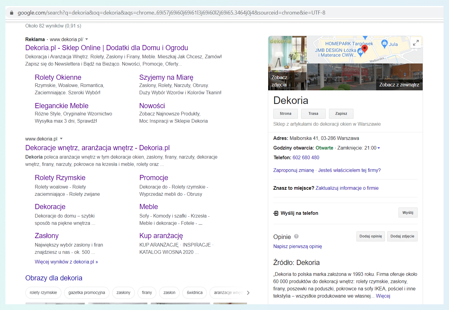 Wizytówka Google – widok po wpisaniu hasła w wyszukiwarce